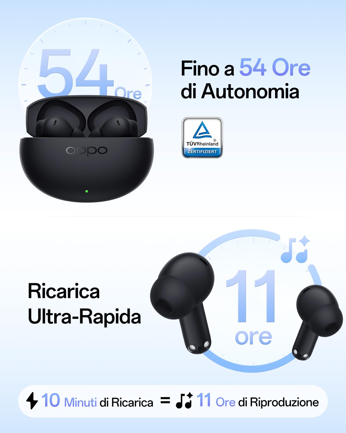 OPPO Enco Air5 auricolari wireless, Bluetooth 6.1 in-ear stereo, cancellazione rumore 52dB adattiva, driver bassi 12mm, tre microfoni chiamate IA, autonomia 54h, IP55, Midnight Black