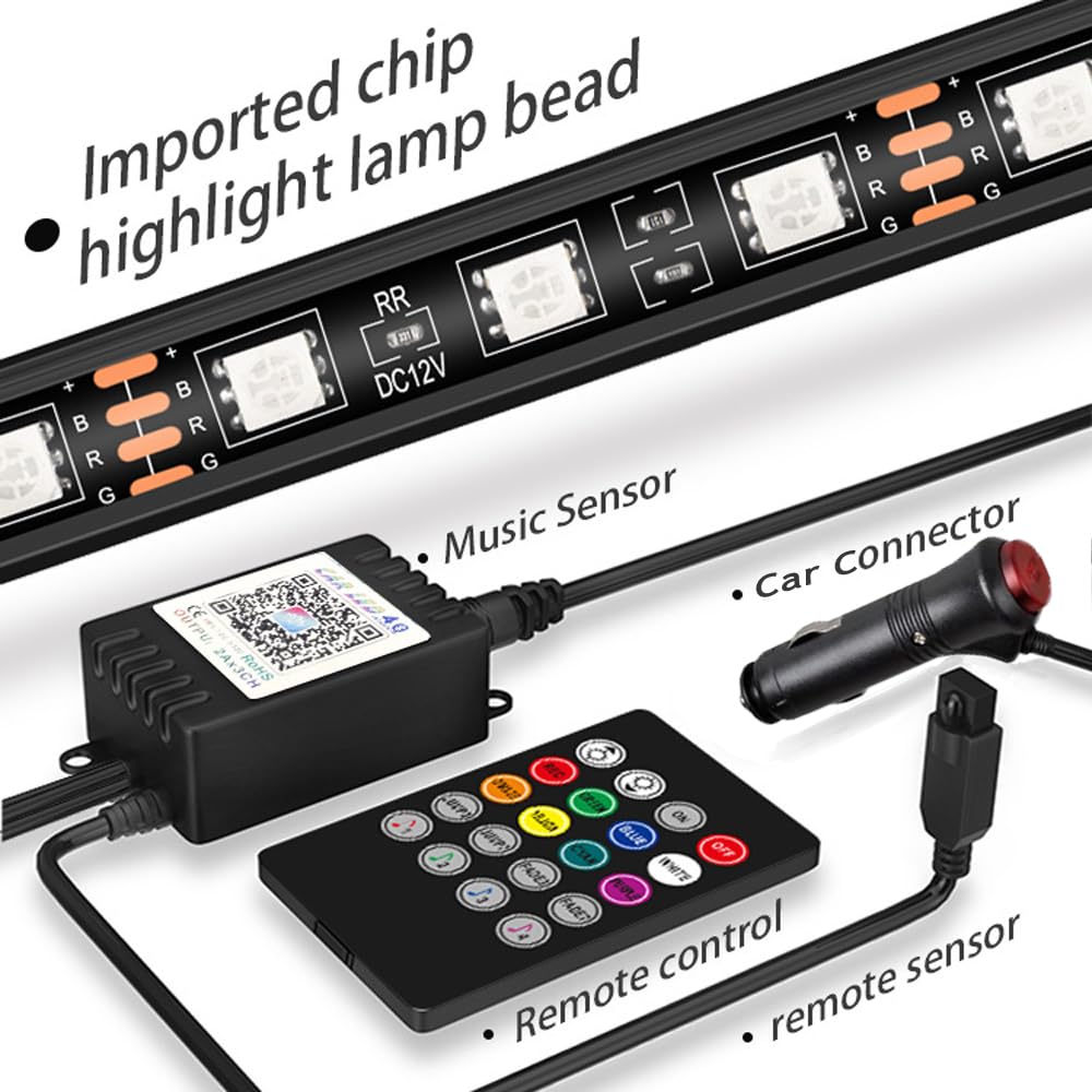 GOMETY Kit De Iluminación Interior LED RGB Para Coche, 4 Tiras De 72 LEDs Con Control Por App Y Mando A Distancia, Modo Dinámico Con Música, Alimentación 12V Por Encendedor, Fácil Instalación
