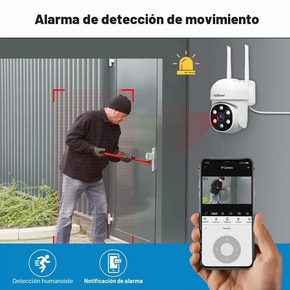 SRIHOME 1080P WiFi Monitoreo PTZ cámara IP detección humanoide y Seguimiento de Movimiento visión Nocturna IP66 Impermeable (2 Paquete de Unidades)