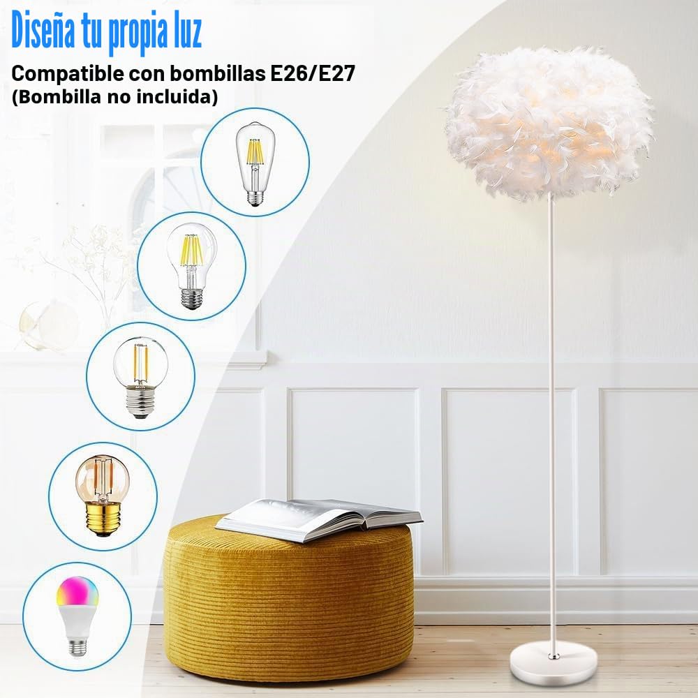XINYASEE Lampara de Pie Salon 140CM, Lámpara de Pie con Interruptor de Pedal, Lámparas de Pie con Pantalla de Plumas para Dormitorio Salon Oficina Blanco