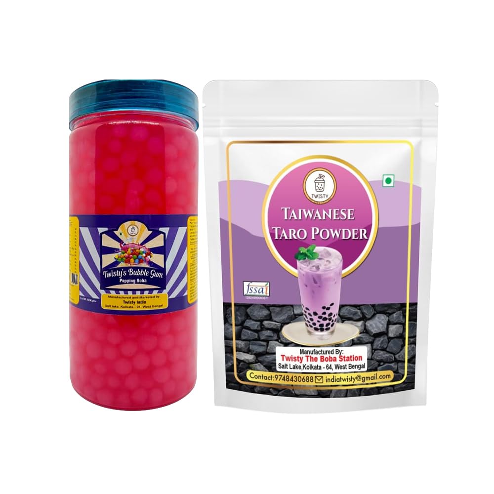 Twisty The Boba Station® Combo Pack of 2 | Popping Boba Bubblegum & Taiwanese Taro Powder 1 Kg Each for Bubble Tea, Milkshakes, Ice Cream & Yogurt | Vegan, Instant, 10 Straws Included