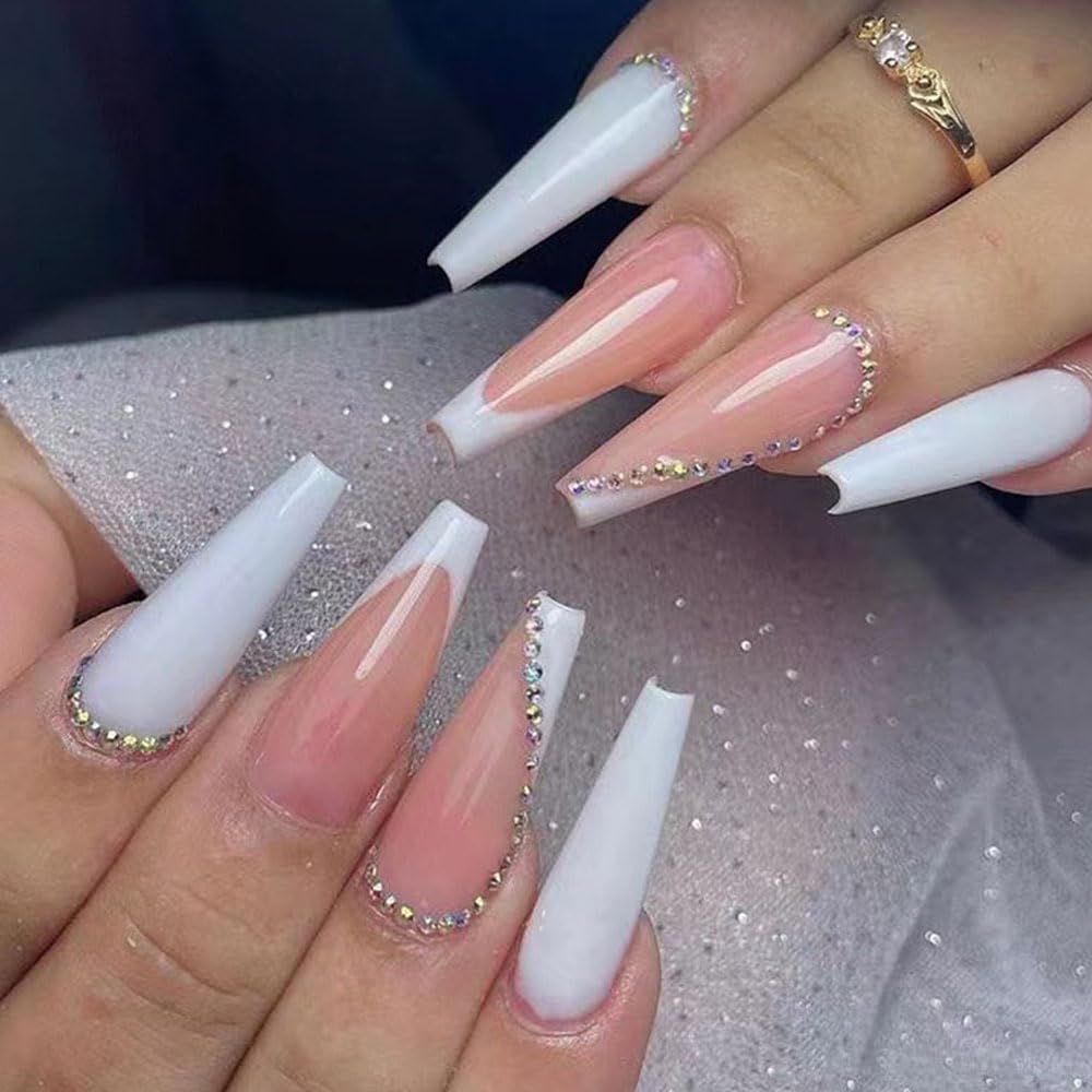 BAOYAALIN White Long Press on Nails Coffin Fake Nails with Rhinestones Design Gel Glue on Nails for Women Girls Full Cover Acrylic False Stick on Nail
