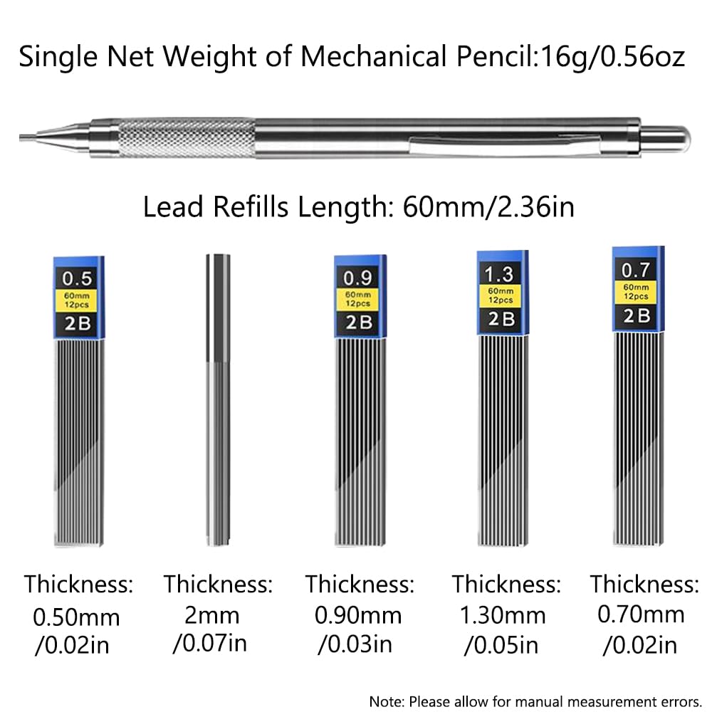 Mechanical Pencil 0.5mm 2B Metal Propelling Pencil with 8 Case Lead Refills & 4 Erasers for Writing Drafting Sketching - Image 2