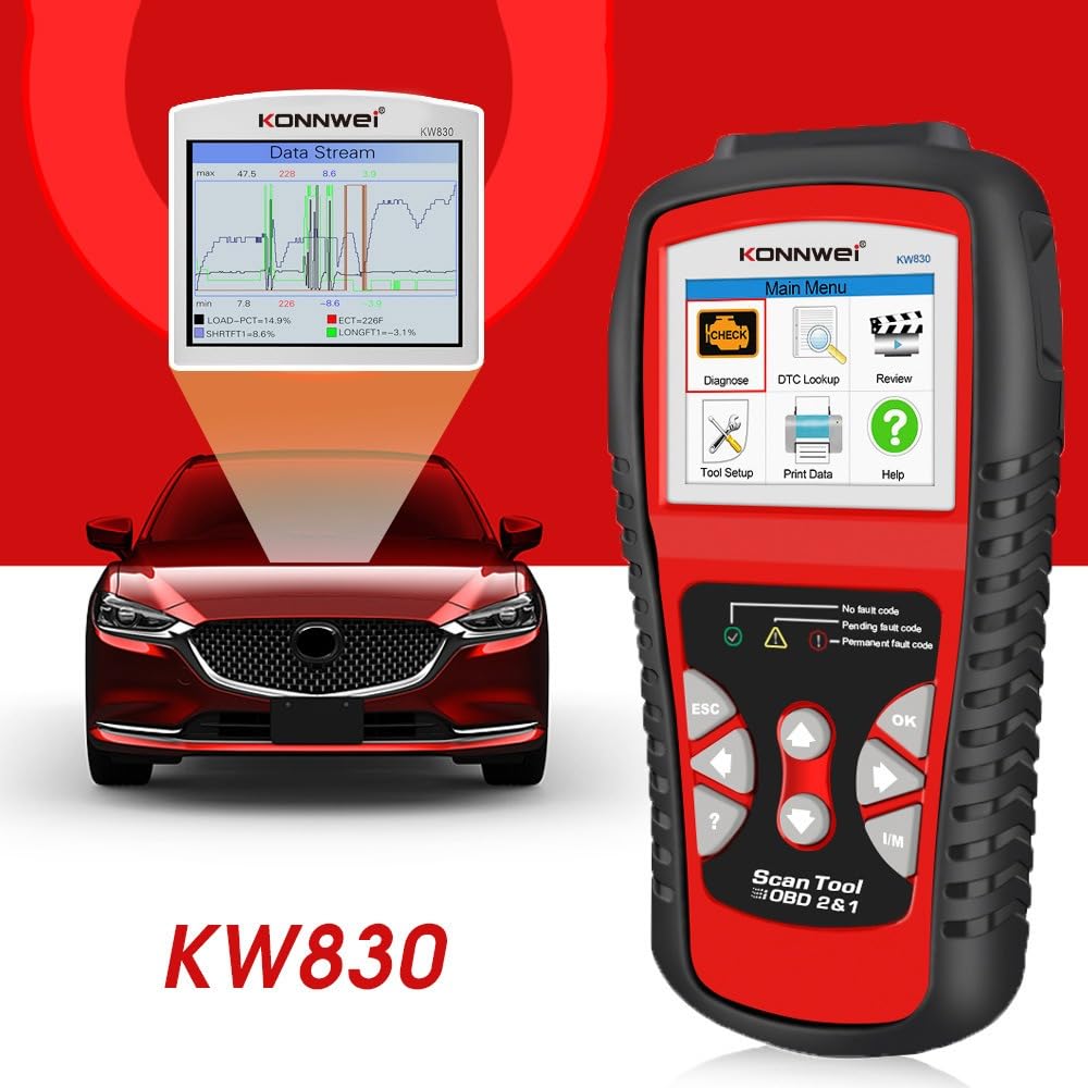 KONNWEI KW830 skaner OBD2, czytnik kodów OBD2, narzędzie diagnostyczne do samochodu z pełnymi funkcjami OBD2 i testerem akumulatora do odczytywania i usuwania kodów błędów pojazdu, obsługuje