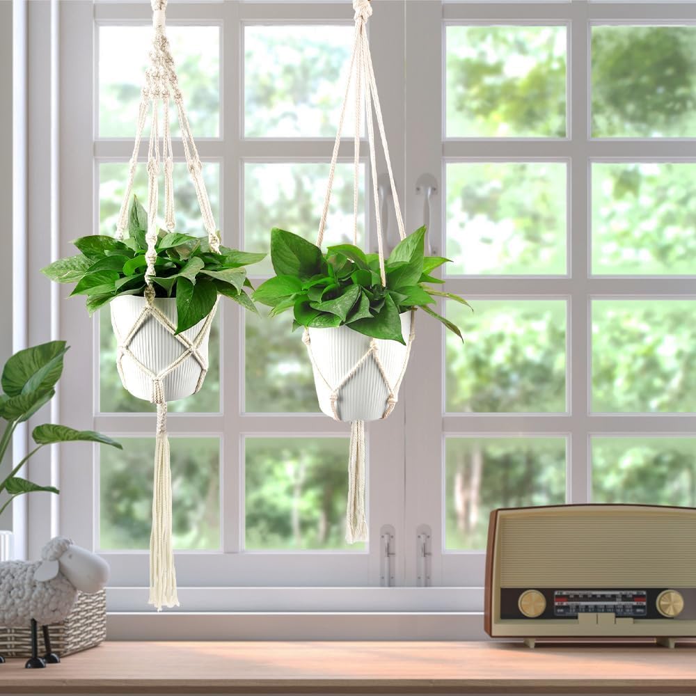 Plant Hanger Indoor,Hanging Plant Pot Indoor Plants Hanger Hanging Basket Indoor Artificial Hanging Baskets Air Plant Holder Indoor Hanging Plant Holder 2 Pack With Hooks Plant Holders Indoor Beige - Image 4