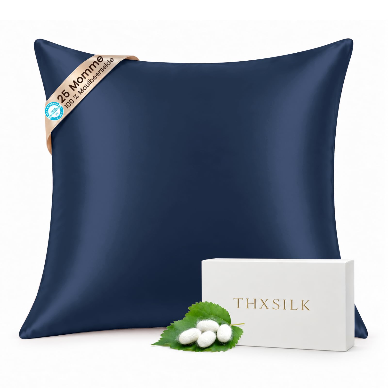 THXSILK 25 Momme Seide Kissenbezug für Haar und Haut - Maulbeerseide Kissenbezug - Hypoallergen mit Versteckter Reißverschluss - Pure Seide auf Beide Seiten … (Marineblau, 80x80cm)
