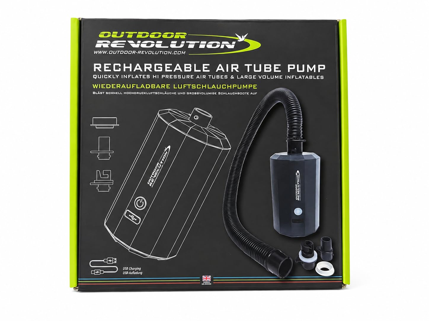 Outdoor Revolution Pompe Gonflable Rechargeable pour Tente et auvent Haute Pression 10 PSI 12 V ou USB avec adaptateurs de Valve
