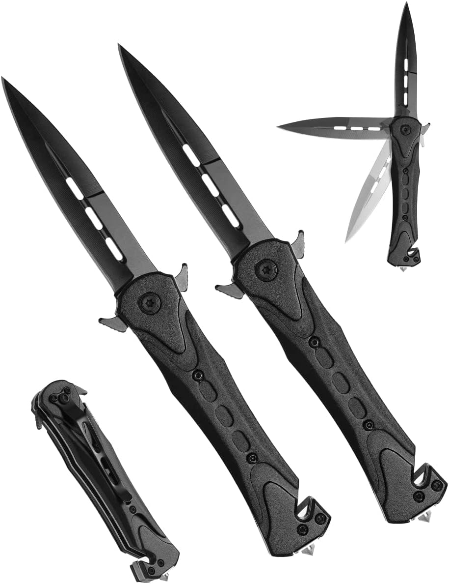 RGNINE 2 Pack Pocket Hunting knives Folding Knife With 3.25" Stainless Steel Black Blade - Pack Of 2