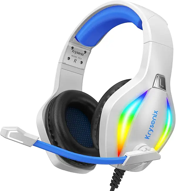 Krysenix PG1 RGB Gaming Headset für PS4, PS5, PC, Nintendo Switch, Xbox one, Headset mit Mikrofon, Gaming Kopfhörer mit Mikrofon, Noise Cancelling Kopfhörer mit 3.5mm Klinke Weiß/Blau