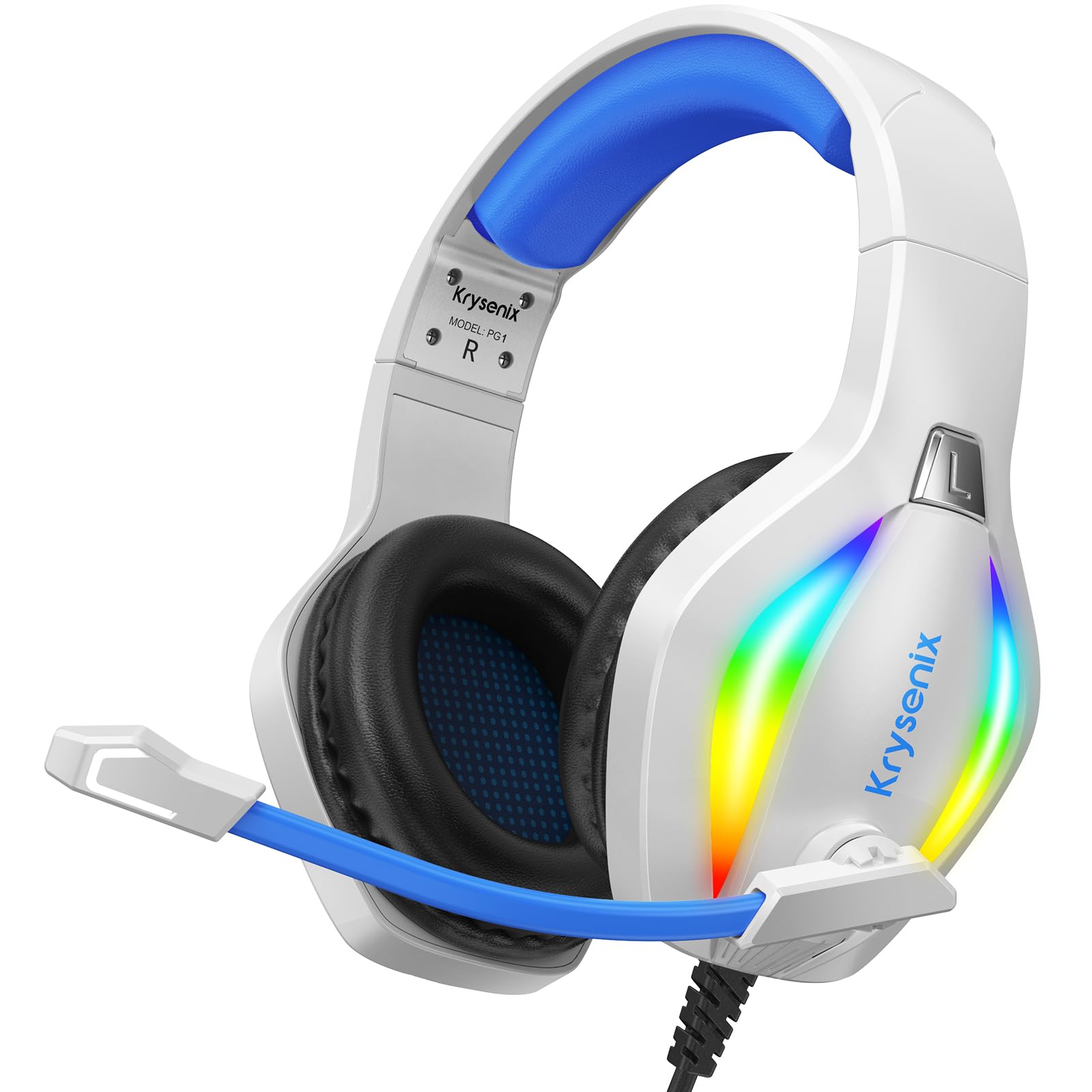 Krysenix PG1 Auriculares Gaming para PS4, PS5, PC, Nintendo Switch, Xbox, Cascos con Micrófono, Cascos Gaming Cancelación de Ruido, Auriculares con Conector de 3.5 mm y luz RGB, Blanco/Azul