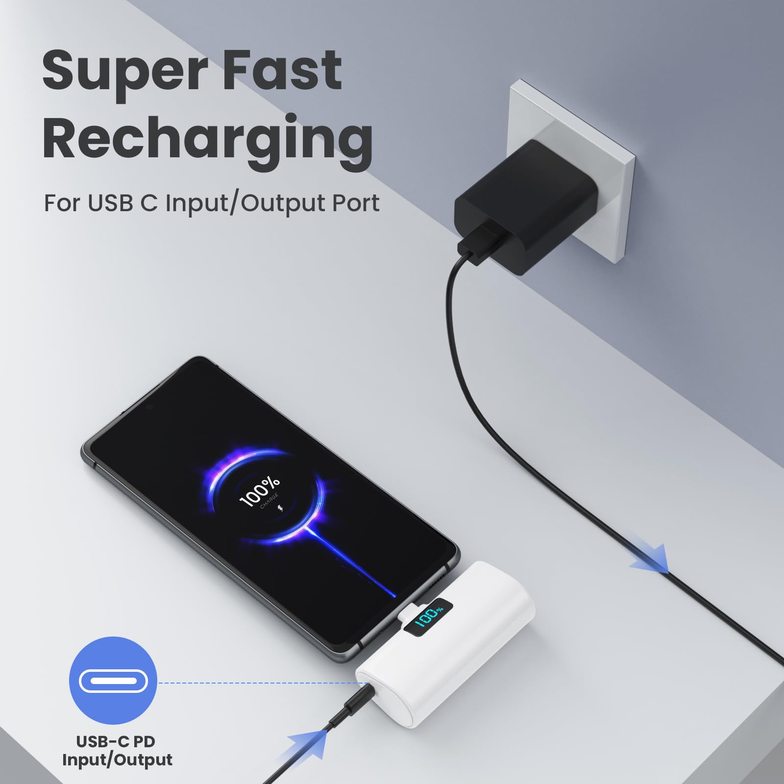 Power Bank 5200mAh, Ultra-piccolo&Ultra-compatto Caricatore Portatile USB C PD Ingressi&Uscite Mini Powrbank Batteria Esterna per iPhone 16/15 Android Samsung Galaxy Note Huawei iPad Pro/Air-Bianco