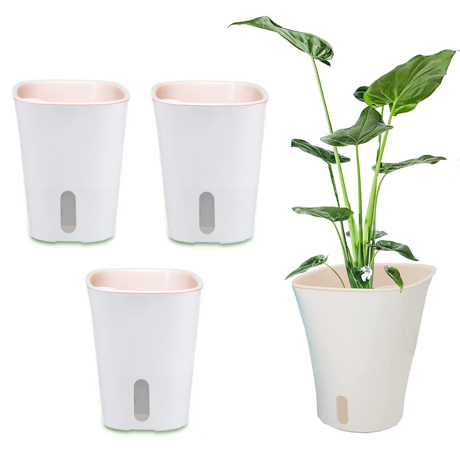 Optibuy White Square Double Pots Self Watering Planter with Water Level Window, 3 Pack 5.9 x 7 Inch Flower Pot with Wick Rope, Two Layers Plastic Plant Pot for All House Garden Plants, Flowers, Herbs