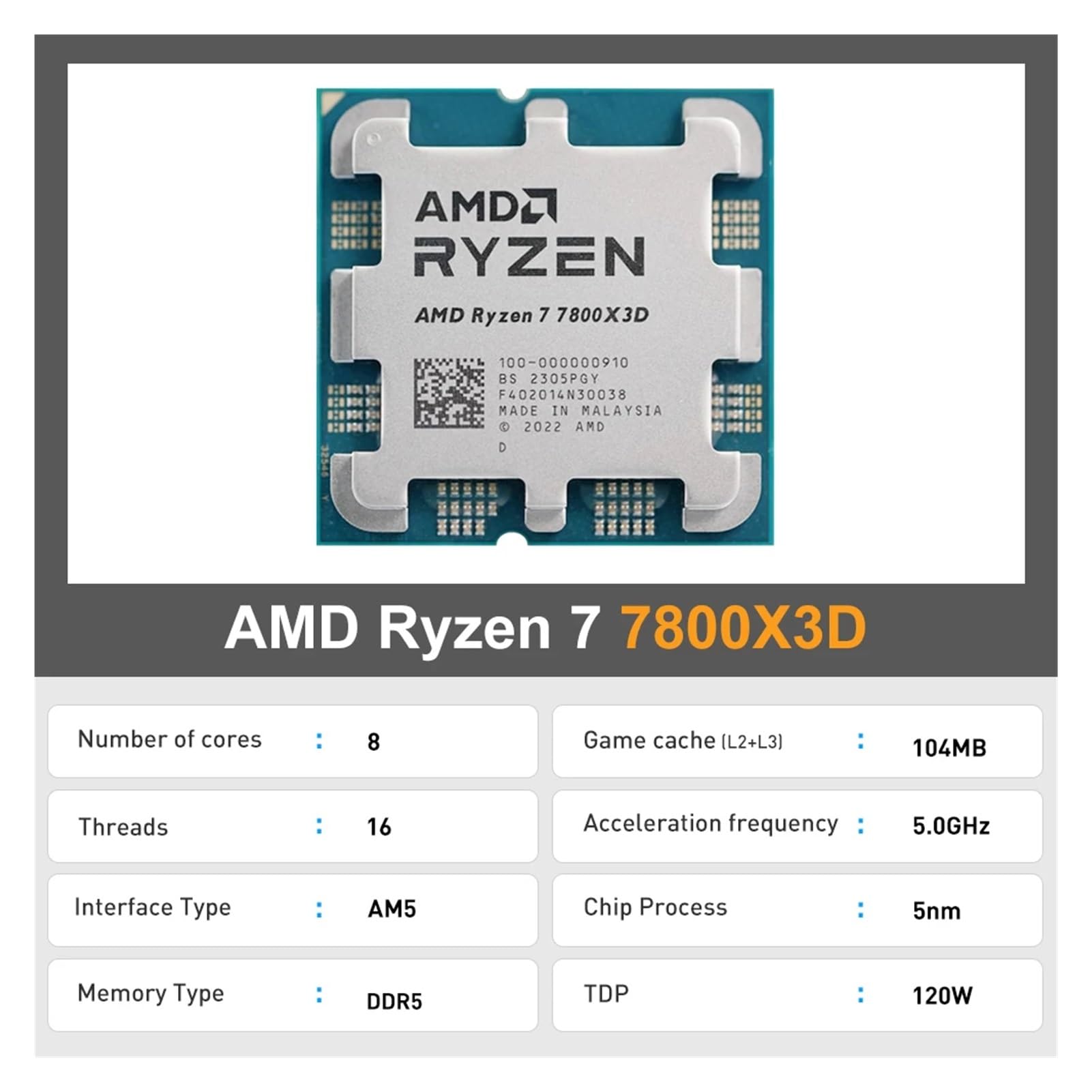 Amazon.com: Procesador AMD Ryzen 7 7800X3D CPU R7 7800x3d 5.0 GHz