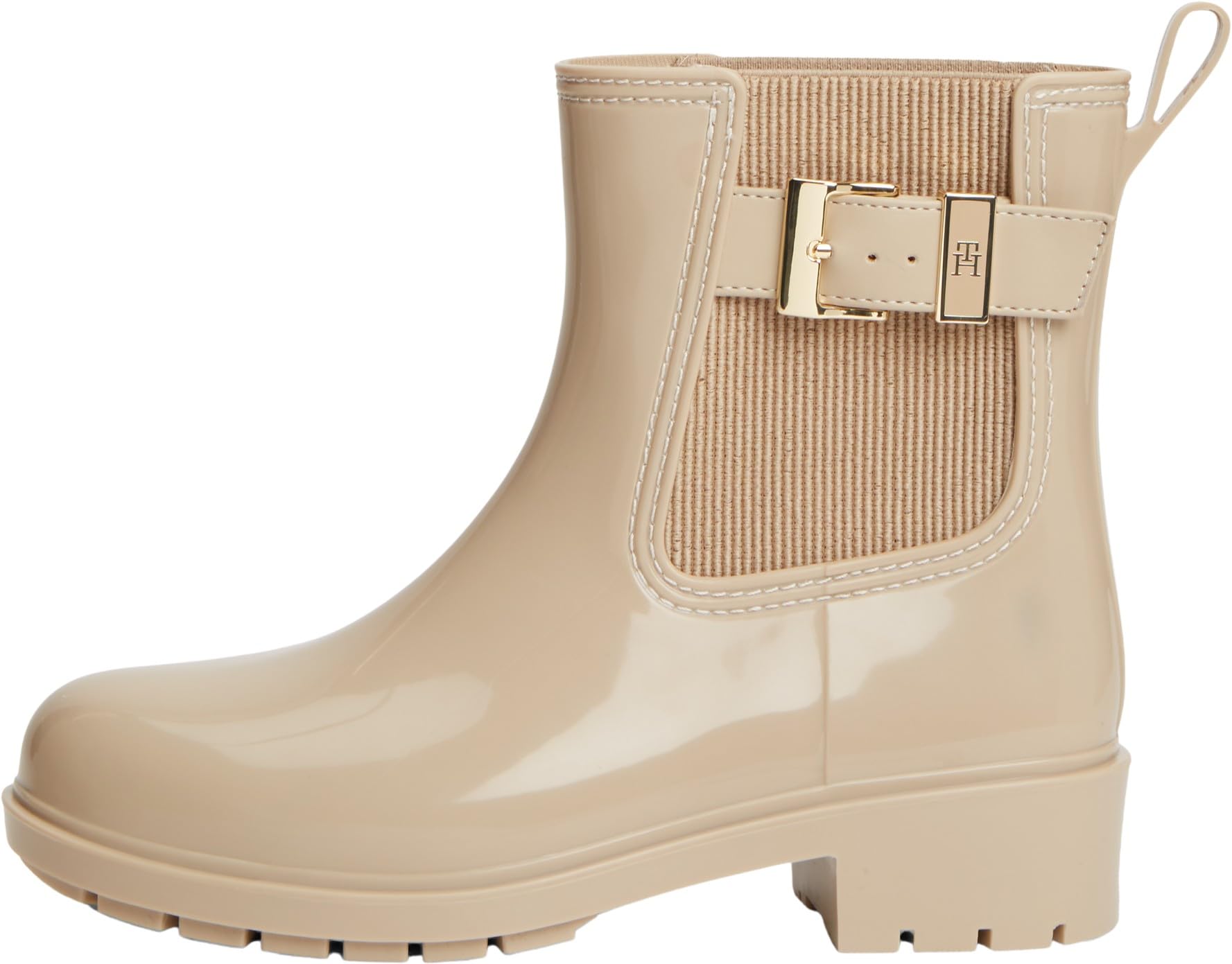 Tommy Hilfiger Women Th Buckle Glossy Ankle Rain Boot FW0FW09543 Rainboots, BEIGE (Horseradish), 7.5