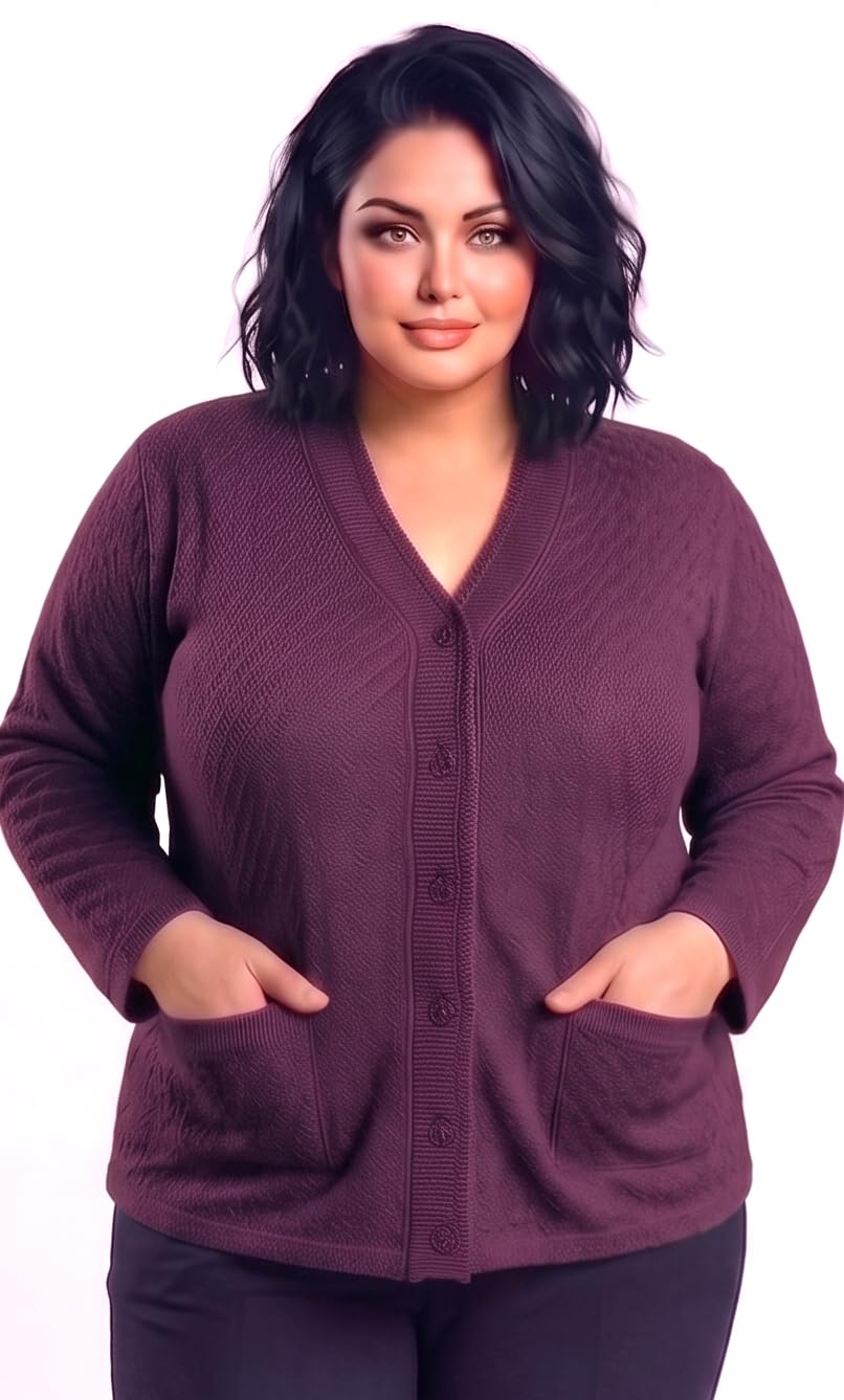 Women's Plus Size Button-Down Cardigan Sweater | Cable Knit V-Neck Full Sleeve Winter Wear with Pockets-picture-28