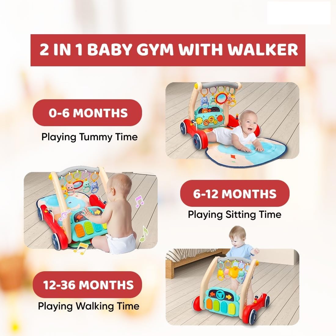 Goyal's 2 in 1 Musical Baby Activity Walker with Convertible Play Gym | Push Walker with Play Piano, Lights, Rattles & Tummy Time Mat for Babies & Toddlers 4
