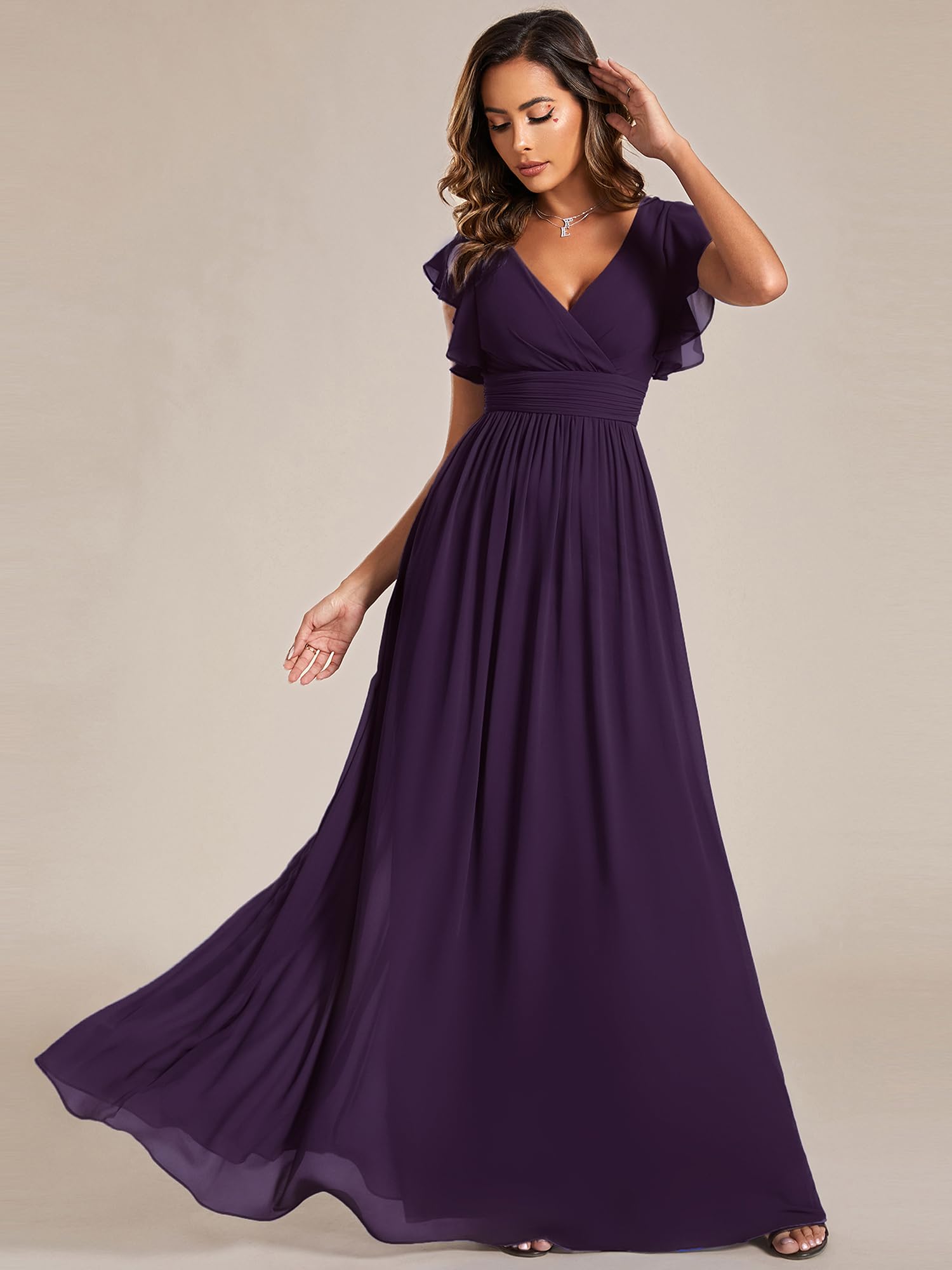 Ever-Pretty Robe de Soirée Dos Nu pour Femme Manches Volantées Mousseline Col V Plissé Robe de Demoiselle d'honneur Longue Élégante ES01818
