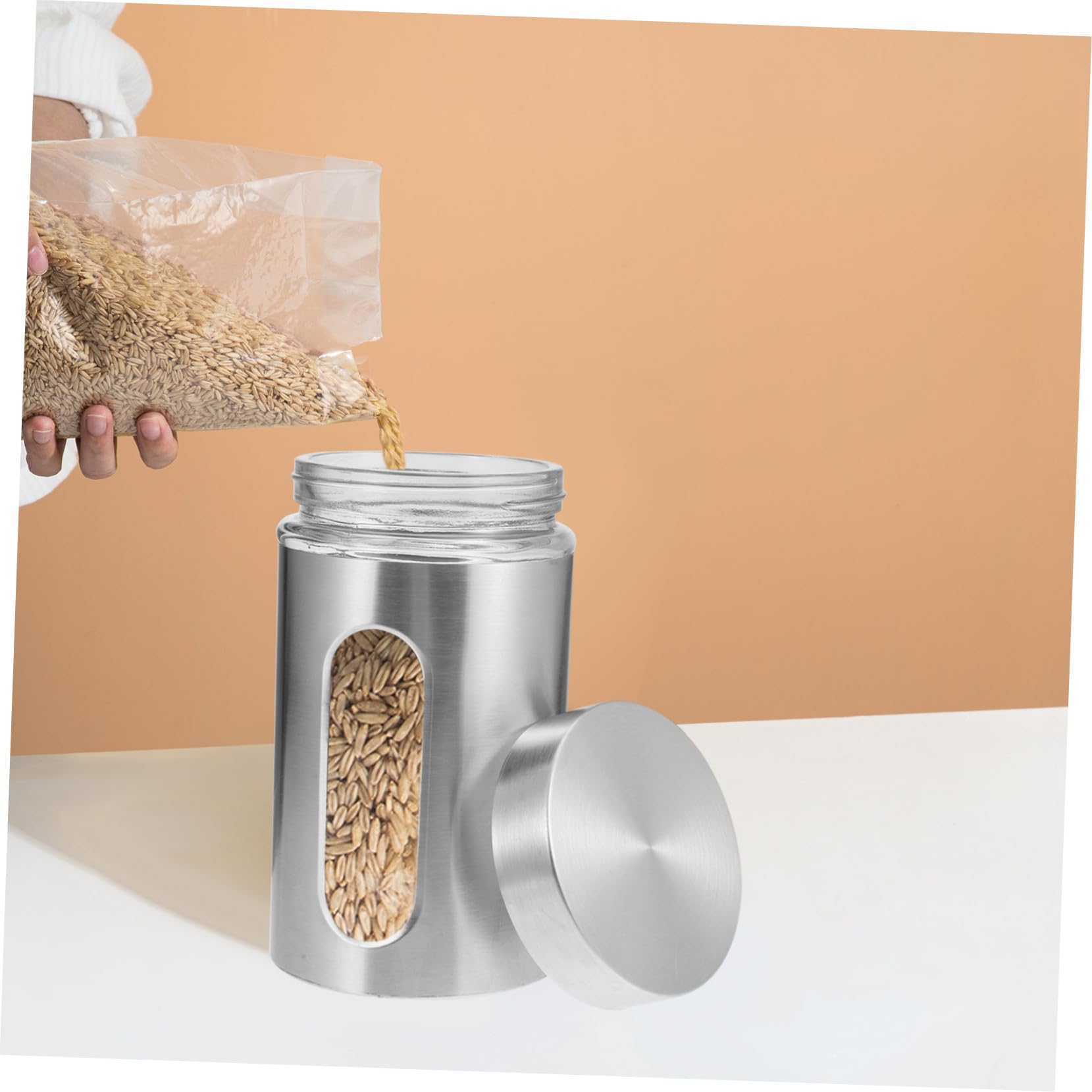 TOYANDONA Edelstahl Vorratsglas für Trockenvorräte und Tee 950ml mit Robustem Glasbehälter Einfachem Design für Küche und Haushalt Silber
