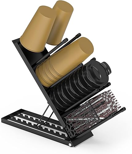 Organizador de metal para tazas de café y tapa, dispensador ajustable de 4 compartimentos