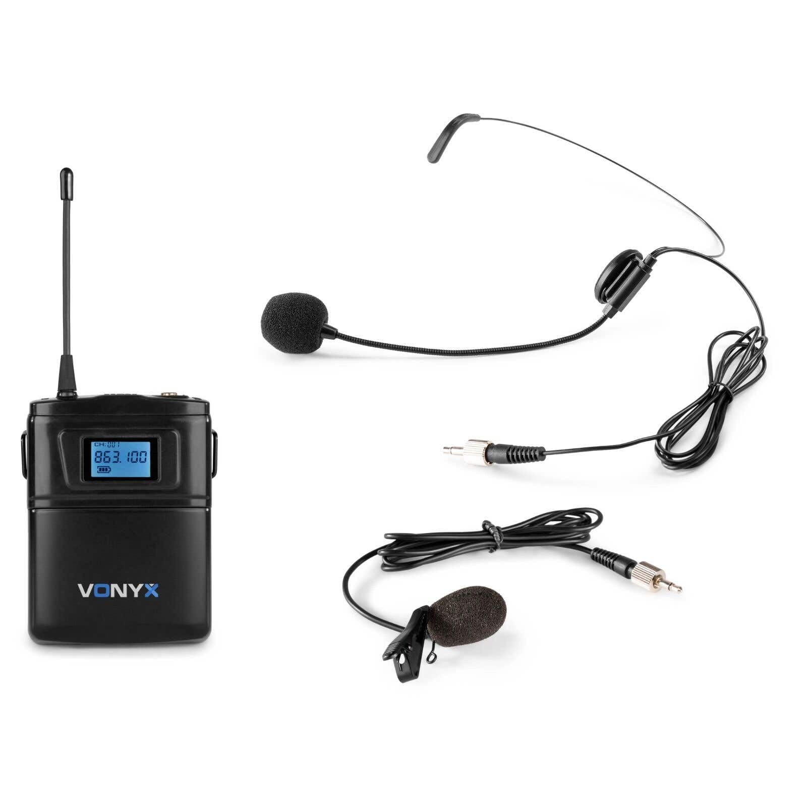Vonyx WM60B Petaca Transmisora para Micrófonos Inalámbricos de Serie WM6, con Microfono Solapa y Micrófono de Diadema Color Negro Incluidos, Petaca para Micro Inalambrico