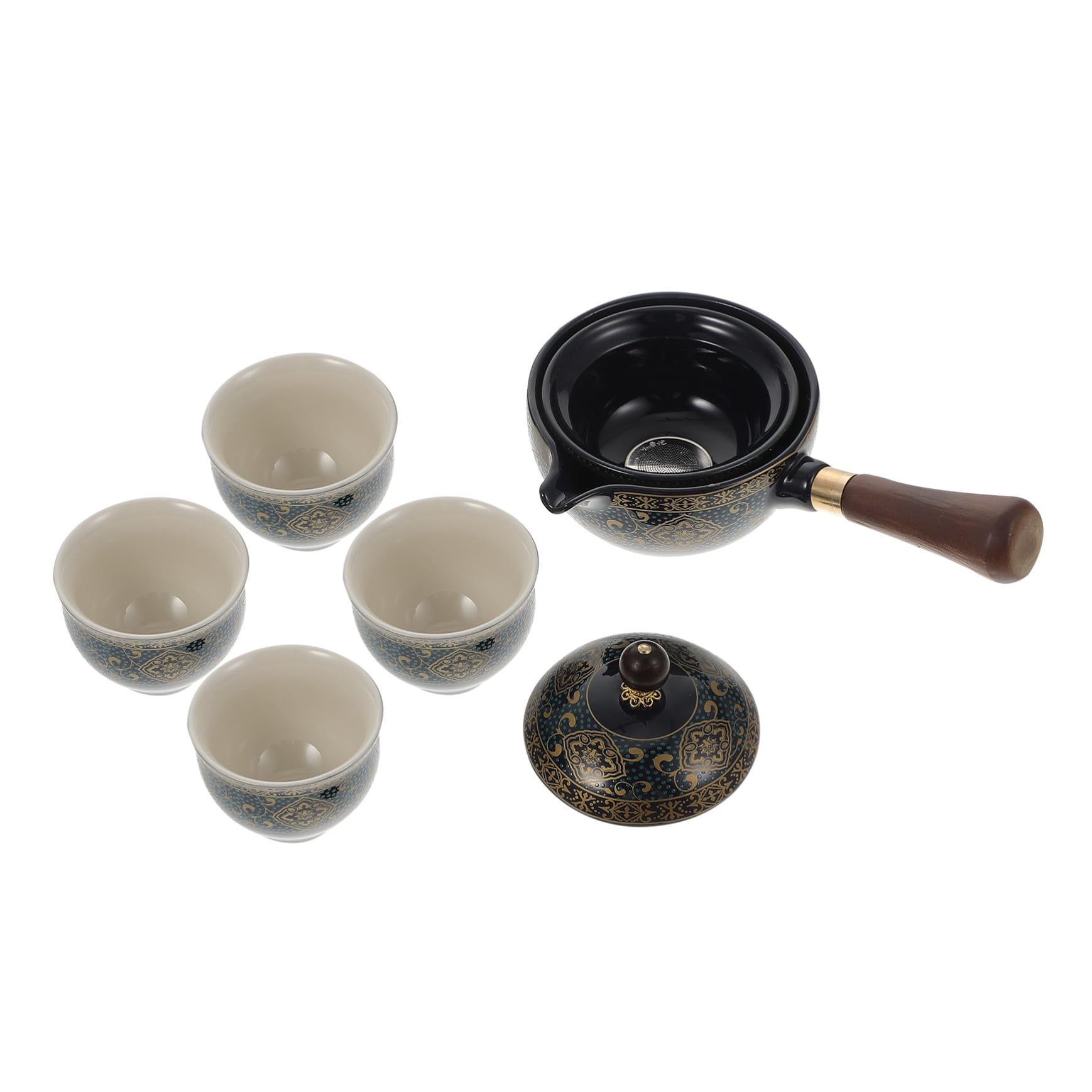 Homoyoyo Tetera Doméstica Giratoria Cerámica 360° Filtro y Asa Lateral Azul Elegante para Infusión de Té en Casa Juego de 1 Tetera y 4 Tazas para Té Tradicional