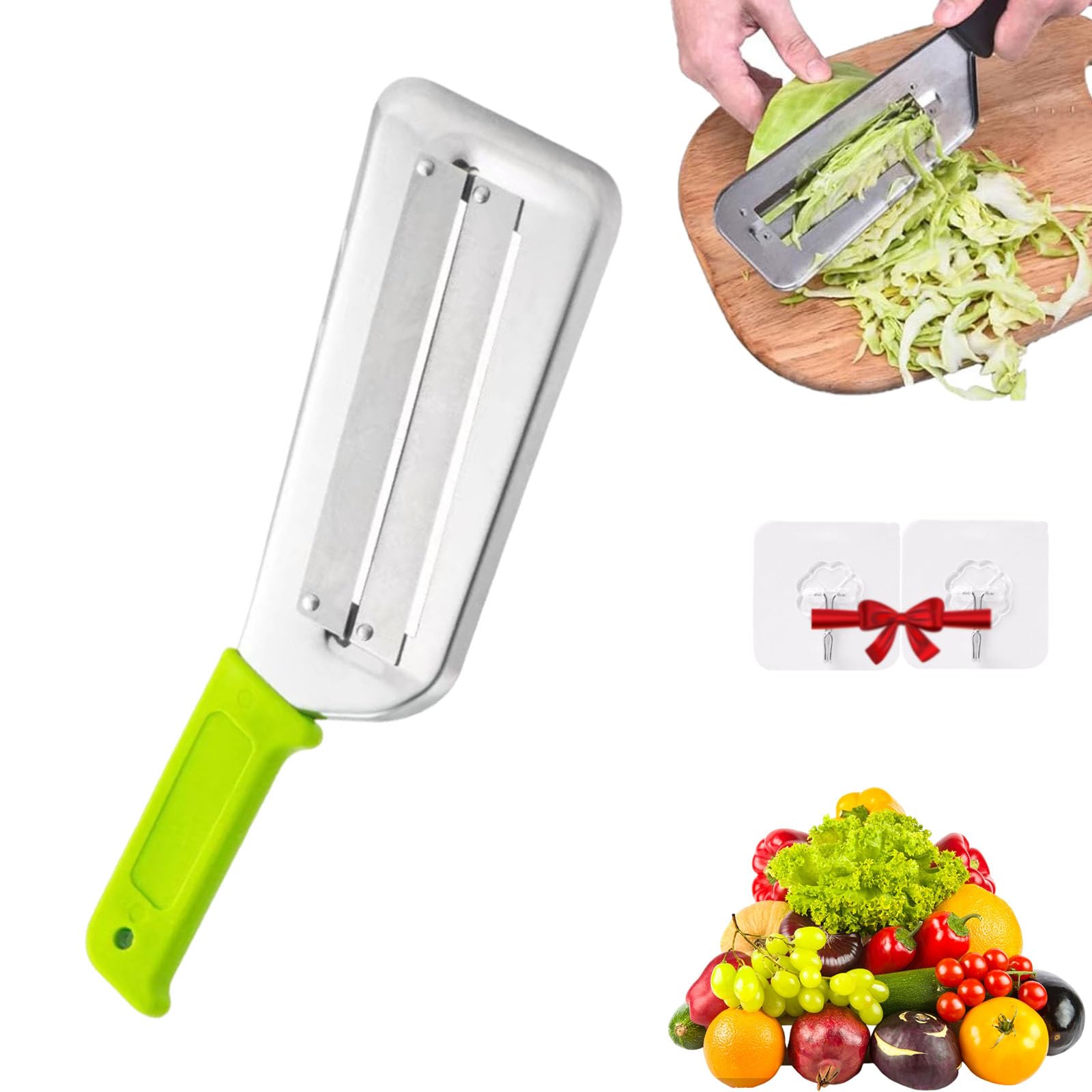 Stainless Steel Shredder Knife, Cabbage Shredder for Coleslaw, Stainless Steel Dual Blade Julienne Cutter for Slicing, Grating & Shredding (Green)