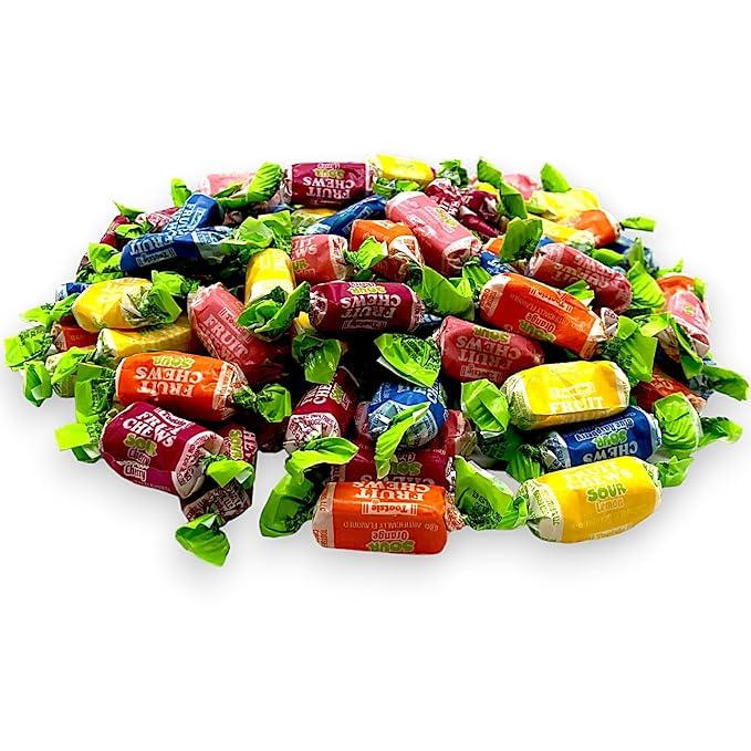 Sour Bulk Fruit Chews, 1.5 lbs of Individually Wrapped, Gluten-Free and Peanut-Free Assorted Fruit Flavored Blue Raspberry, Cherry, Orange, Lemon, and Watermelon(24 oz)