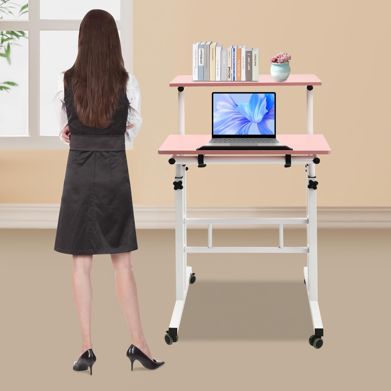 Portable Stand Up Adjustable Height Mobile Stand Up Desk with Tilting Panel and Wheels Rolling Home Office Workstation — view 4