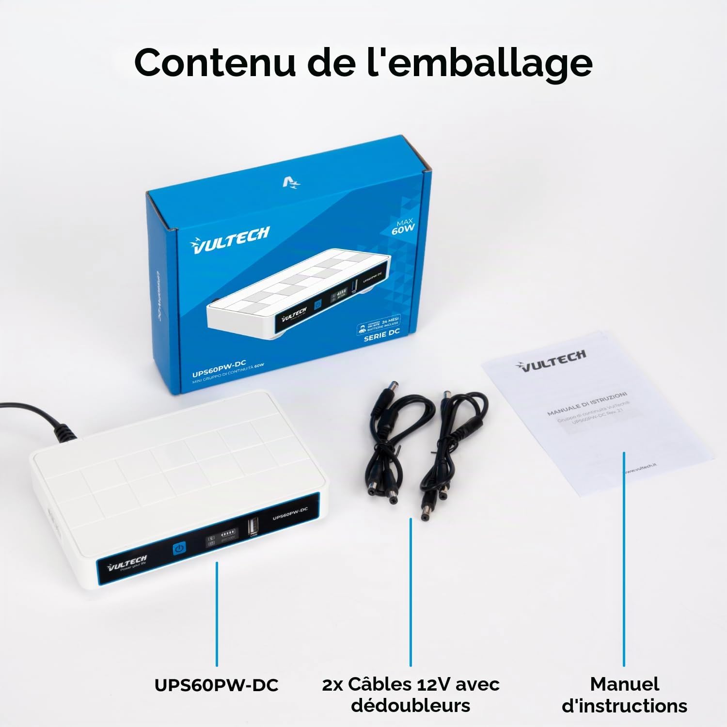 VulTech UPS60PW-DC Rev. 2.1 Blanc Mini UPS 6000mAh 60W Portable Alimentation sans Interruption pour Routeur sans Fil Modem Caméra Power Bank Smartphone Entrée 100-240 VAC USB 5V DC 12V
