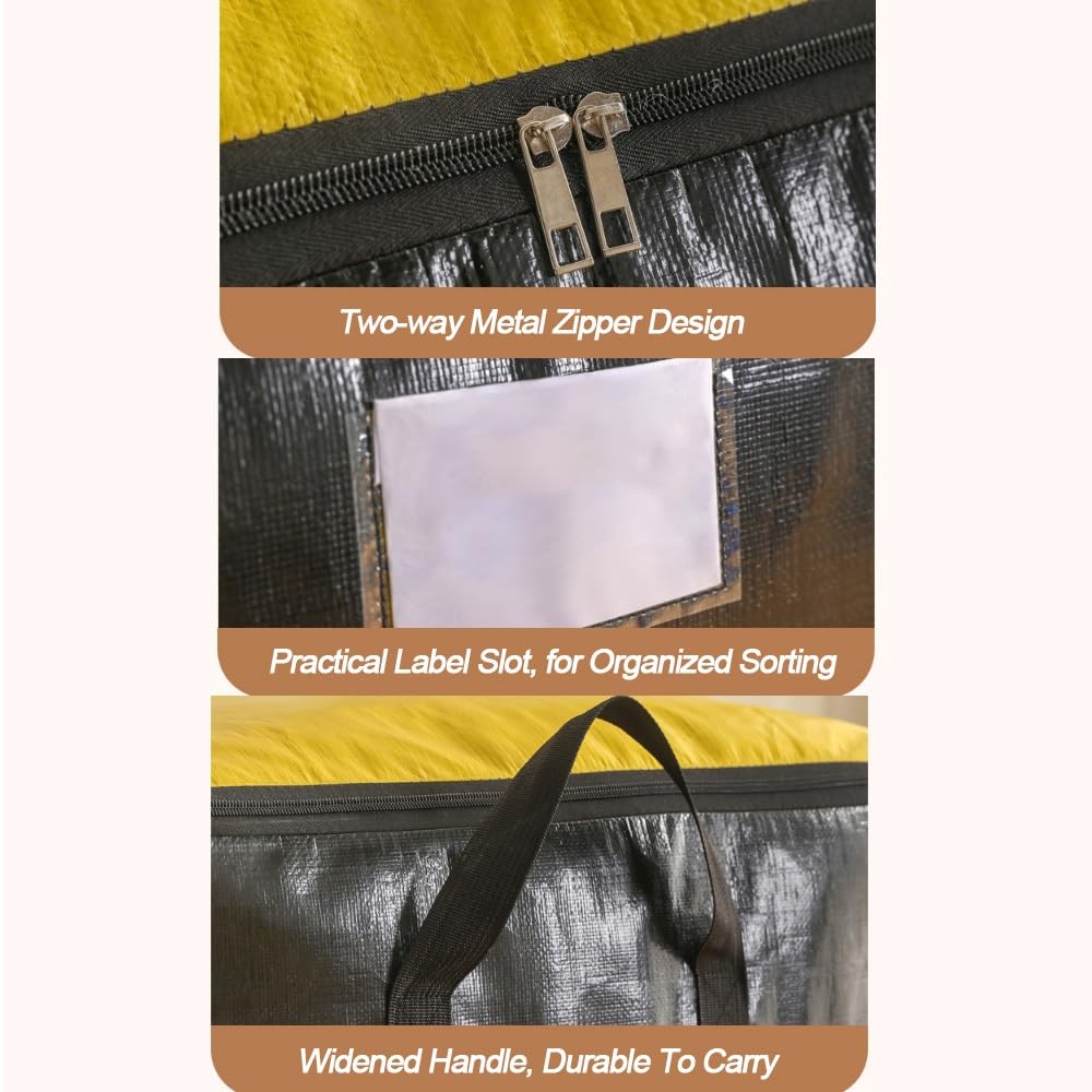 Borsa Pieghevole per trasloco e stoccaggio, 5 Borse portaoggetti | Borse salvaspazio riutilizzabili con Manici e Chiusura a Cerniera per Vestiti e Viaggi (Giallo, Grande)