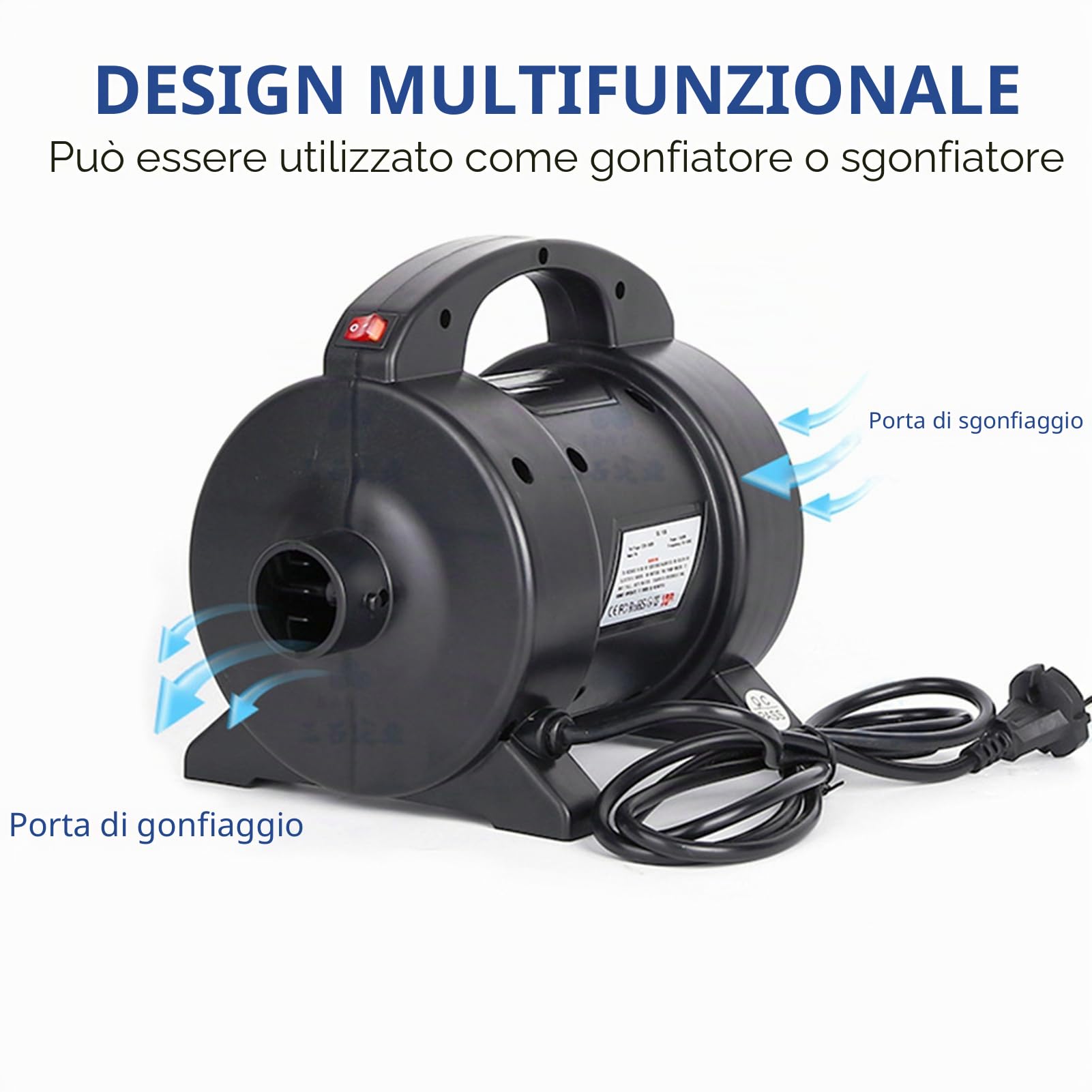 Kavolet 1600W Pompa Elettrica, Pompa Portatile per Materasso Gonfiabile a Rapido Gonfiaggio Pompa ad Aria Elettrica Gonfiatore Deflatore con 2 Ugelli per Schlauchboot, Tavola da Surf