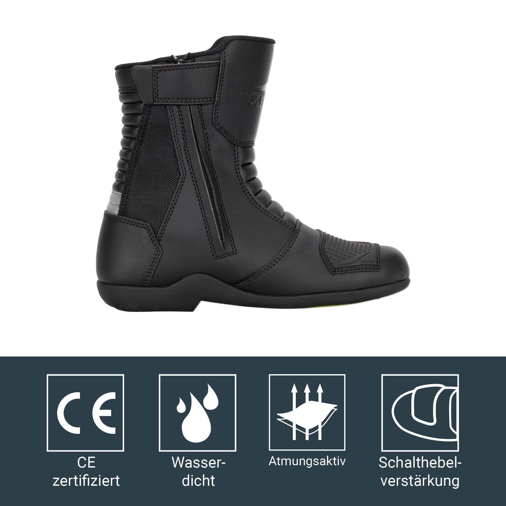 FAST WAY FTS-1 WP Motorradschuhe, CE Zertifiziert, Wasserdichte Motorradstiefel, Atmungsaktive Motorradschuhe, Schalthebelverstärkung & Fersenreflektor, Reißverschluss mit Klettabdeckung