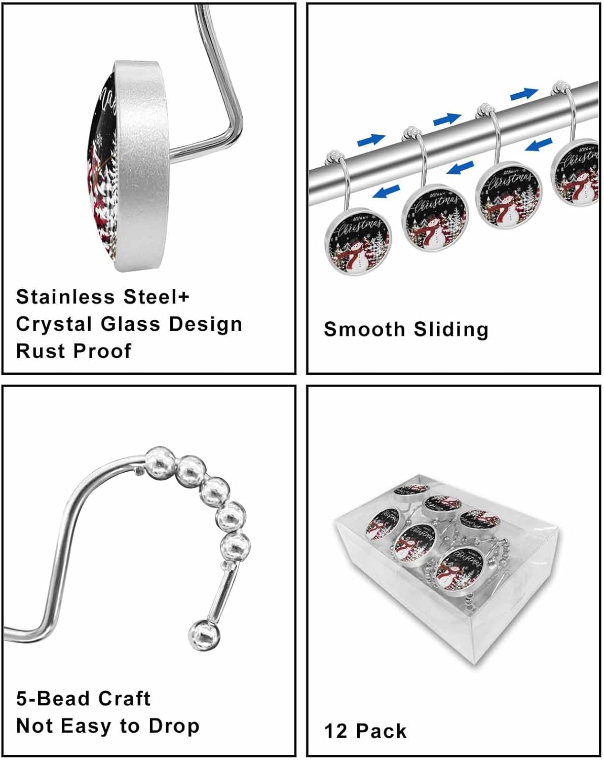 Shower Curtain Hooks 12 Pcs Merry Christmas Snowman Xmas Tree Black Background Stainless Steel Rust Proof Rolling Shower Curtain Rings, Decorative Shower Curtain Hooks Hangers for Bathroom