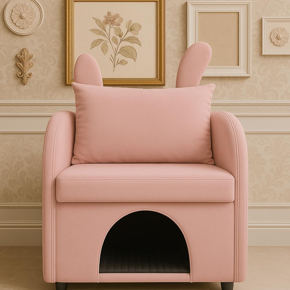 Velvet Pink Bunny Ear Pet-Friendly Armchair - 27.4 x 25.2 x 37.4 in, 2-in-1 Plush Dual-Use Sofa Chair. Built-in Hideaway for Cats & Dogs, Side Storage Pocket. Durable for Living Rooms, Bedrooms.