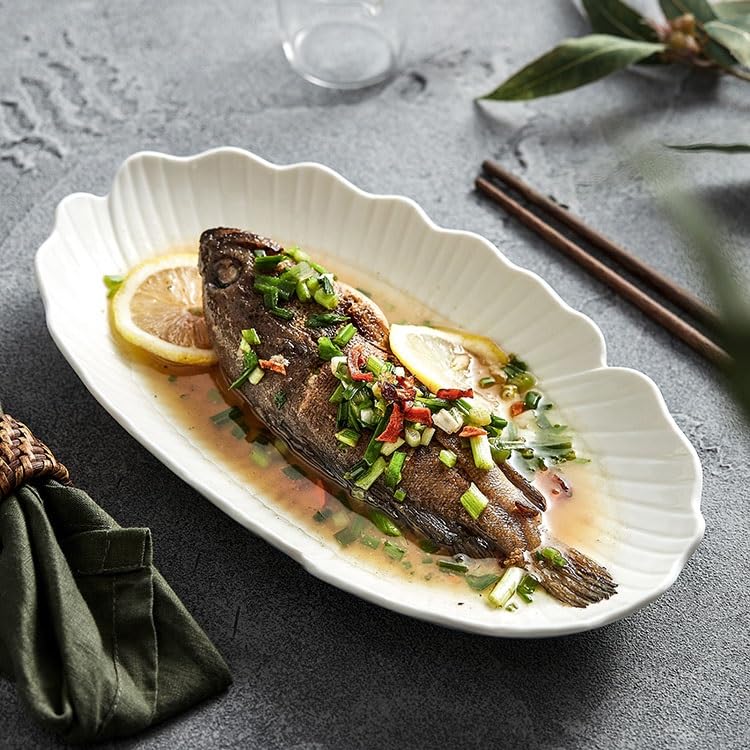 Talerz obiadowy kreatywny ceramiczny głęboki owalny talerz na rybę na parze do restauracji, kuchni, salonu, stołu jadalnego, aperitif zastawa stołowa (12 cali)