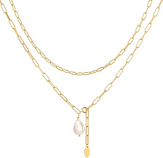 Amazon 2ピース リンクチェーンチョーカーネックレス ペーパークリップ 細長チェーンネックレス パールペンダント メッキネックレス レディースジュエリー ネックレス 通販