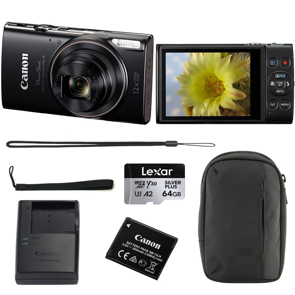 Canon PowerShot ELPH 360 HS A Digital Camera | Black Bundle with 64GB Memory Card + Wrist Strap + Digital Camera Pouch (4 Items)-image-34