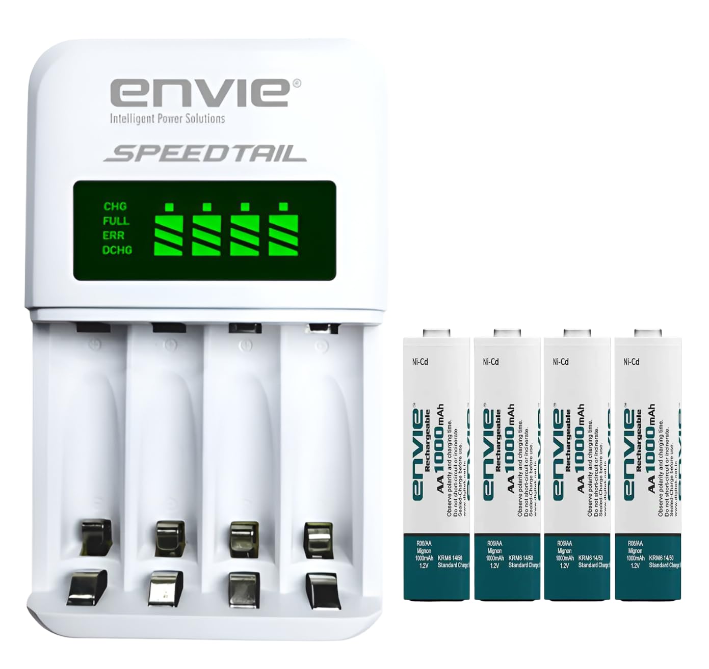 envie speedtail ecr-99 smart battery charger for aa/aaa rechargeable batteries with 4xaa 1000mah ni-cd batteries | lcd display, auto cut-off, battery refresh & fast charging (white)