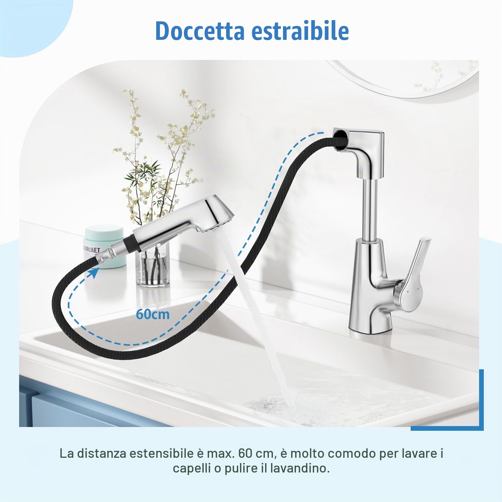 Rubinetto per Lavabo da Bagno Miscelatore monocomando con Regolazione in altezza ed estraibile, cromato lucido