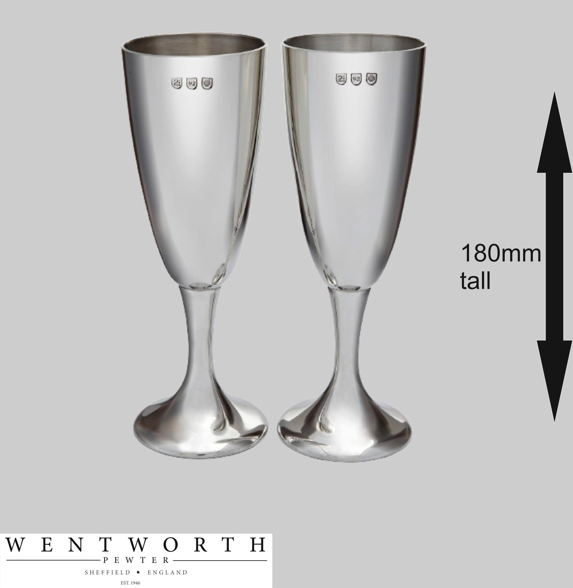 Wentworth Pewter - Pair of Pewter Celebration Flutes, polished wine, champagne, drinking glasses