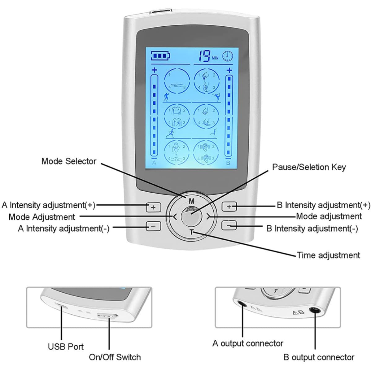 BETOOKY Masajeador Eléctrico de Cuerpo Completo con 24 Configuraciones y 8 Almohadillas de Estimulación para Brazos y Piernas, Material Abs y Goma, Adecuado para Uso en Casa