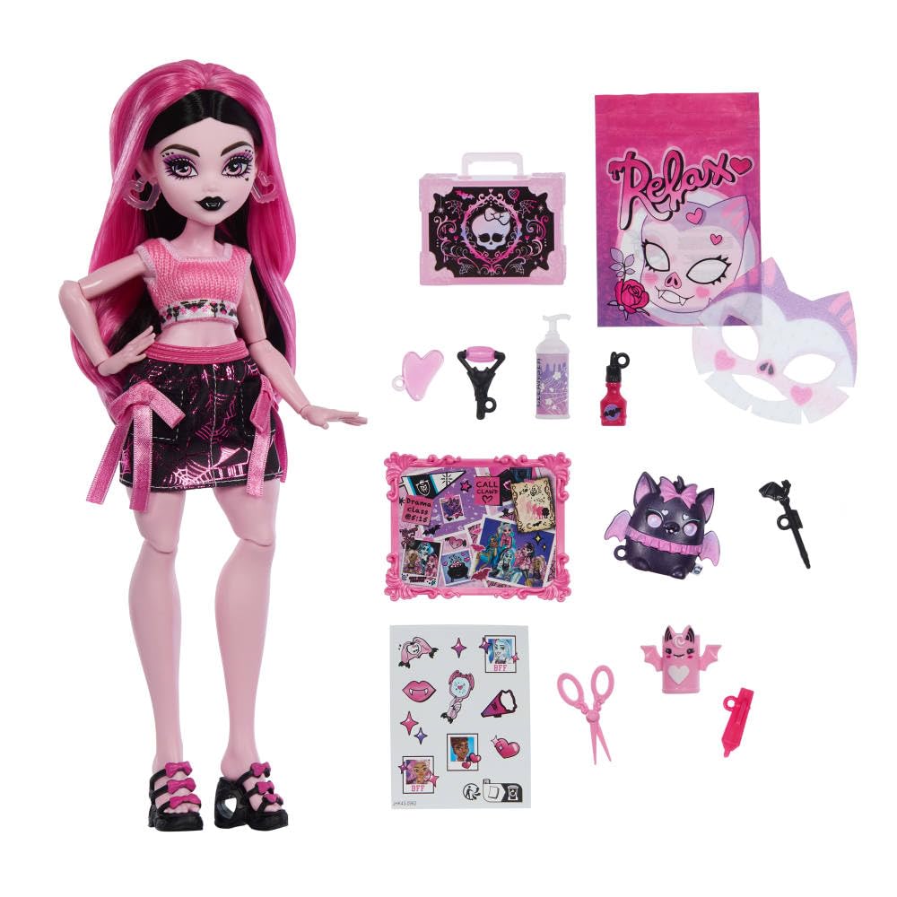 Monster High Straszyrelaks self-care Draculaura Zestaw, lalka + akcesoria-niespodzianki, w tym wałek do twarzy i personalizowana tablica, zabawka dla dzieci 4+, JHK43