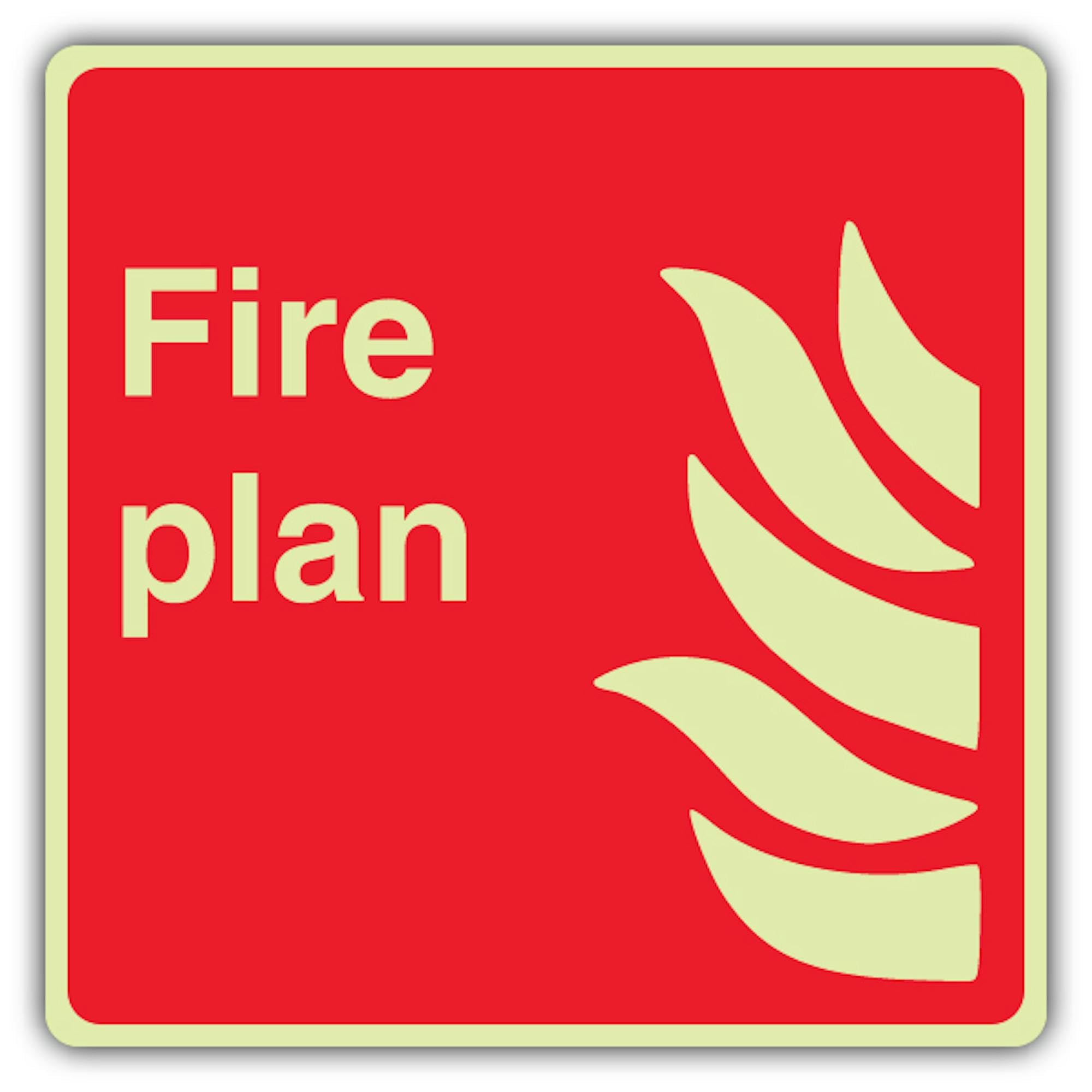 V Safety - Señal de plan de fuego que brilla en la oscuridad, formato cuadrado, 450 x 450 mm, hecha de vinilo autoadhesivo de triple brillo, señalización de seguridad contra incendios, fabricado en