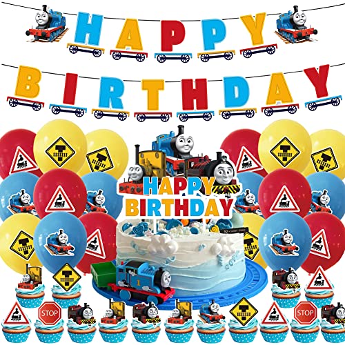 Hilloly Thomas Train Party Supplies 44 Pièces Thomas Train Décoration Anniversaire Set Thomas Train Bannière de Joyeux Anniversaire Cake Toppers Ballons de Décoration de Thomas Train pour Enfants