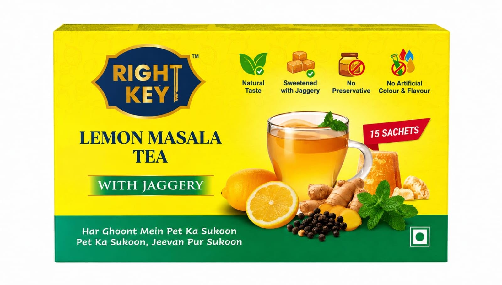 Right Key Lemon Masala Tea with Jaggery | Natural Spices | Natural Taste | Sweetened With Jaggery | No Preservatives | No Artificial Color & Flavour | Instant Herbal Premix for Immunity and Digestion | 30 Seconds to Prepare | 15 Sachets/Box | 240 GM | Pack of 1-image-25