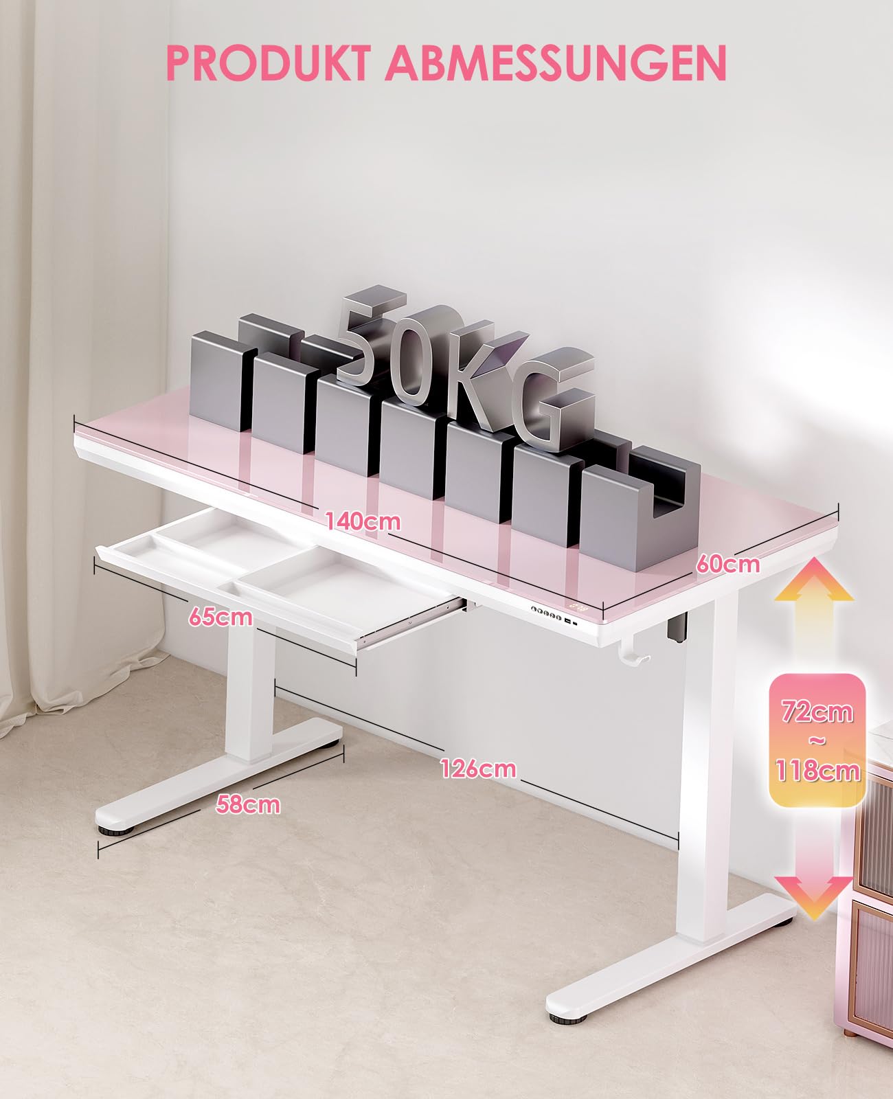 OffiGo Glas Höhenverstellbarer Schreibtisch, 140 x 60 cm Elektrischer Schreibtisch mit Schublade, Ganze Tischplatte mit USB und Type-C, Standing Desk, Steh-Sitz Glastisch für Home Office Büro, Rosa
