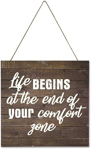 PEALRICH Letrero colgante de madera con cita motivacional "Life Begins At The End Of Your Comfort Zone", placa artística para decoración de pared
