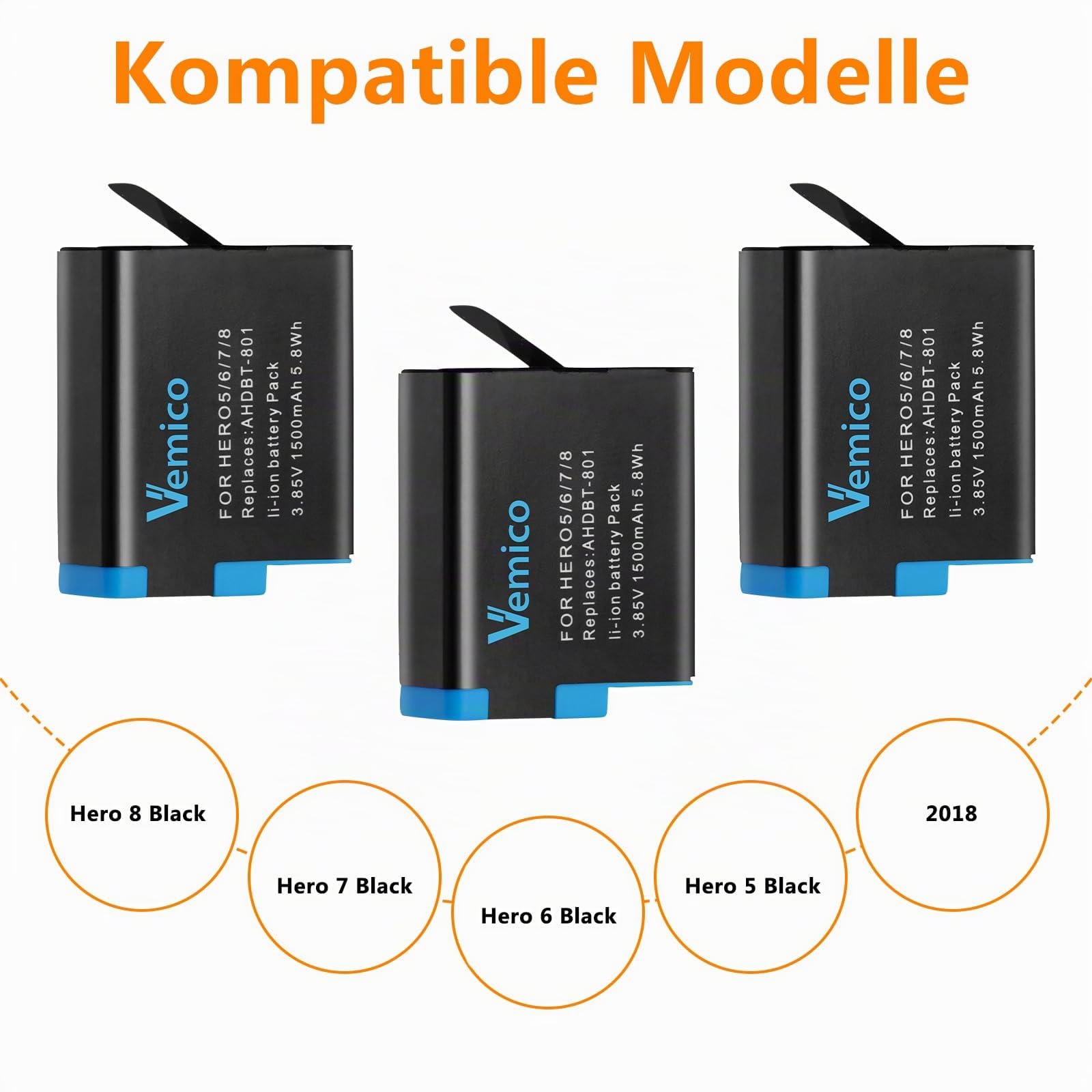 Vemico Hero 8 Akku Ladegerät Kit 3 Pack 1500 mAh ErsatzAkku 3 Kanal Ladebox Typ-C USB Mit Einem Schutzdeckel Ladegerät für Hero 8/Hero 7/Hero 6/Hero 5/AHDBT-801 (Vollkompatibel mit Orginal)
