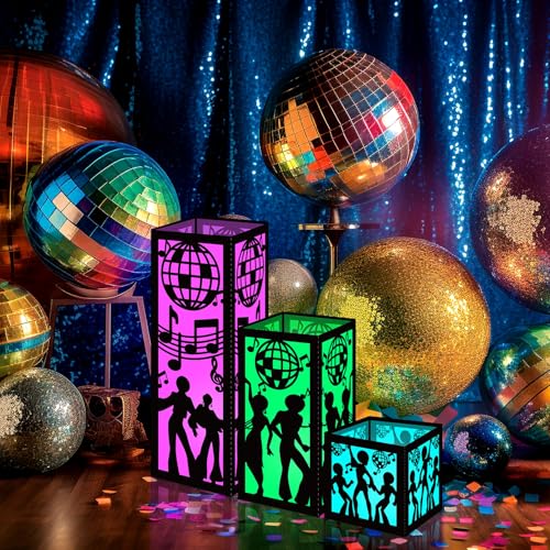 Image of Rossesay 24 Pcs Disco Centerpieces for Table 3 Size 70s Disco Ball Dancer Paper Lantern Boxes Let's Boogie Table Ideas Decorations for 70s 80s Music Themed Party Decor Birthday Decorations