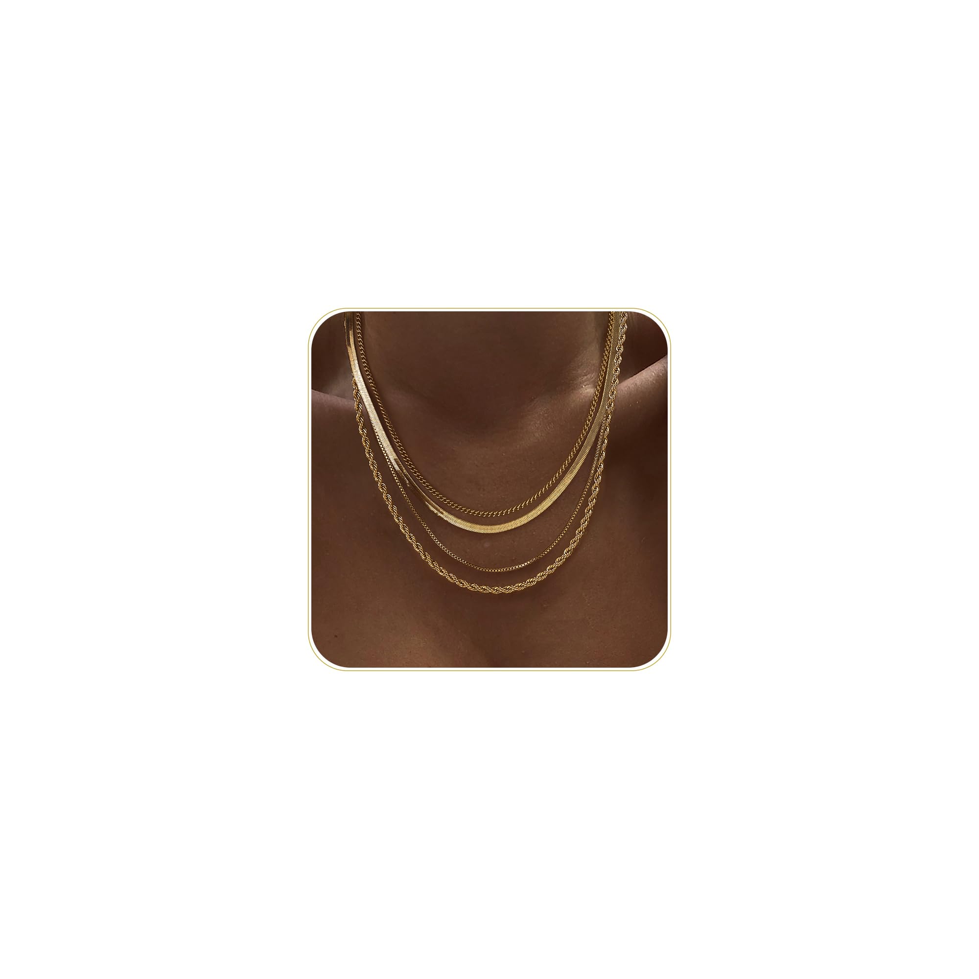 Tewiky Layered Necklaces for Women Non Tarnish- Chunky 14k Gold Plated Herringbone/Snake/Rope/Box/Cuban Link Chain for Women Waterproof Layering Stack Choker Necklace Trendy Dainty Tarnish Free Jewelry Set